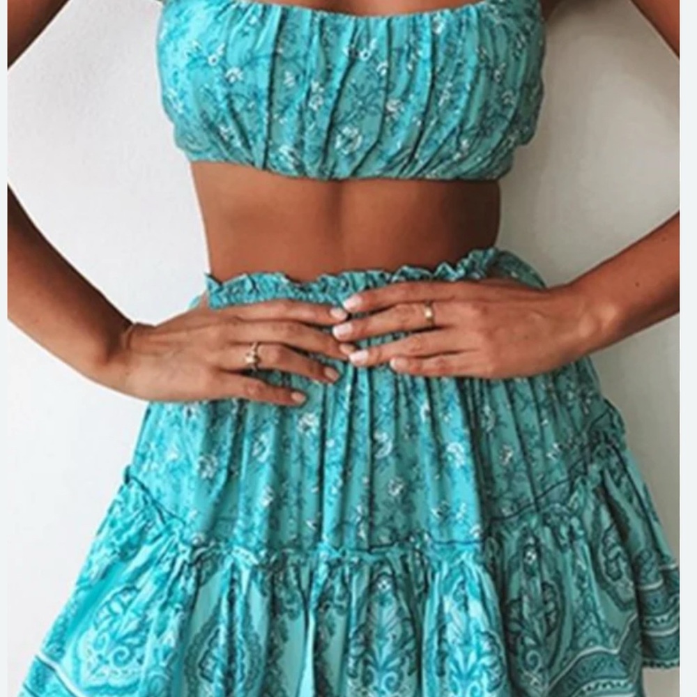 Blue Smocked Tiered Skater Swim Coverup.